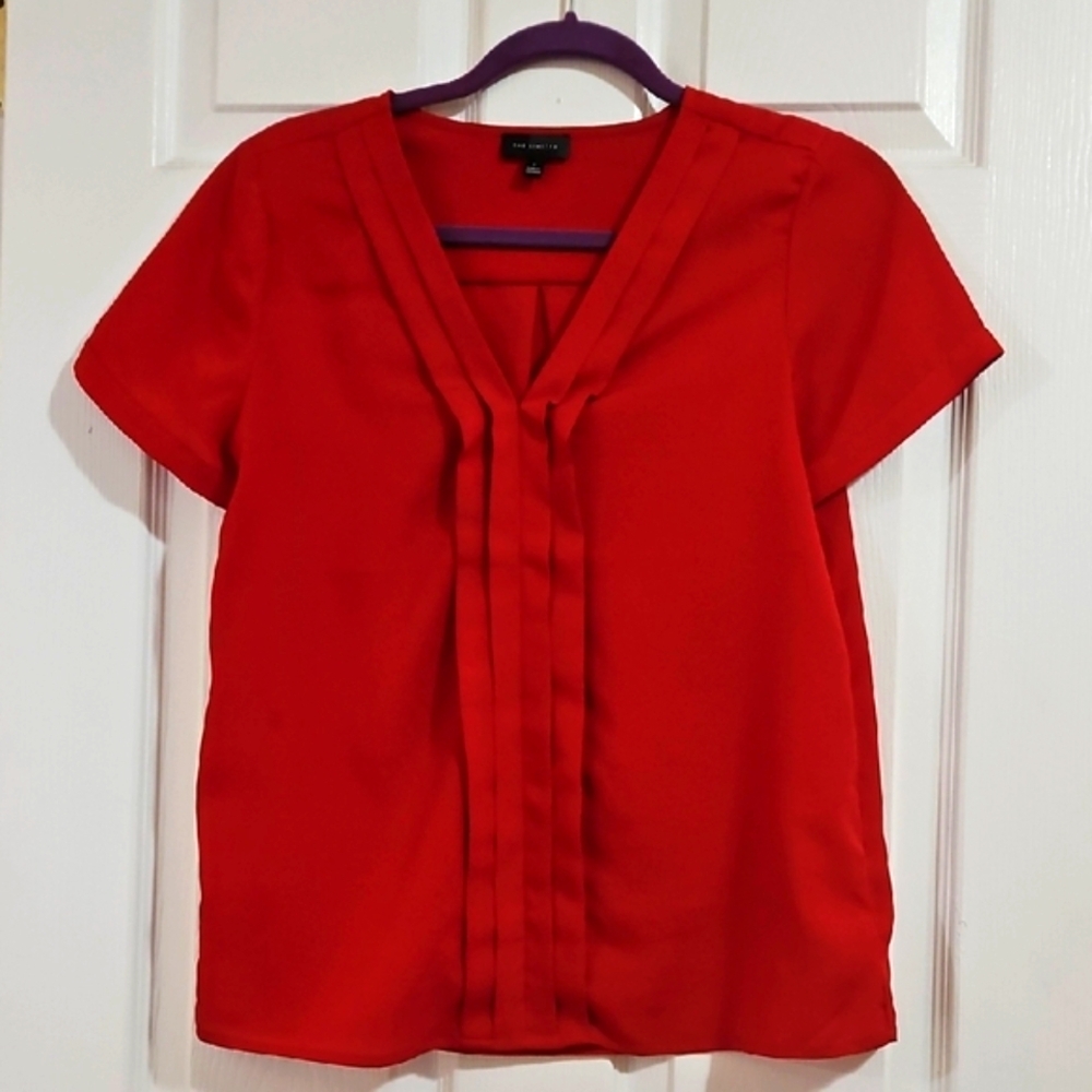 Ann Taylor Red Pleated V-Neck Blouse